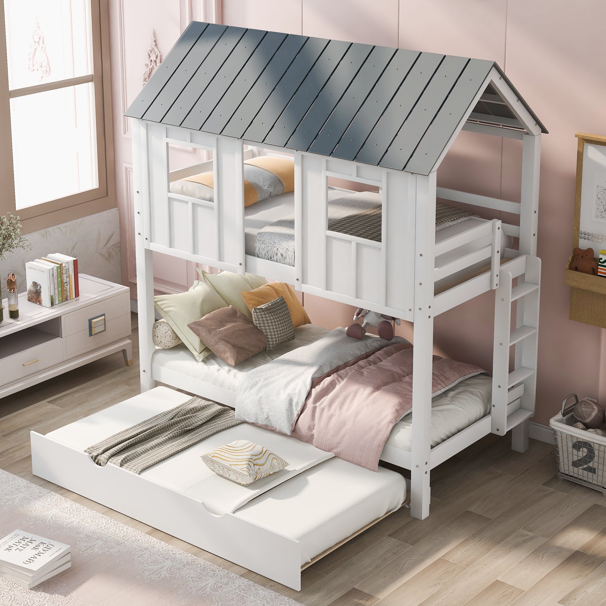 Kids Twin House Bunk Bed: Trundle, Roof, Windows - White/Grey
