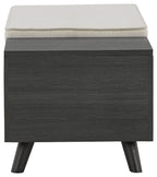 Dark gray storage bench with beige cushion on square frame and tapered legs