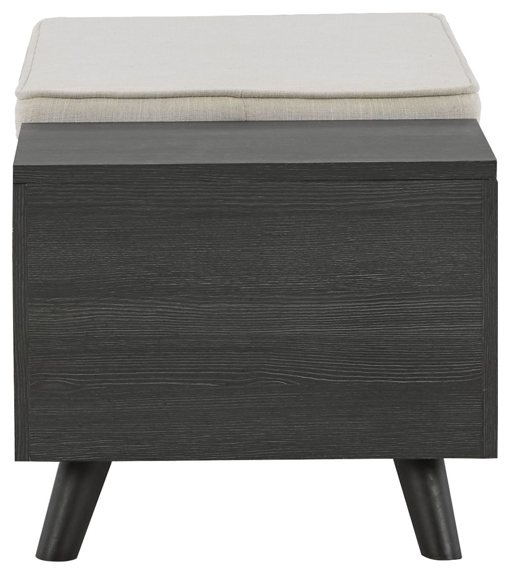 Dark gray storage bench with beige cushion on square frame and tapered legs