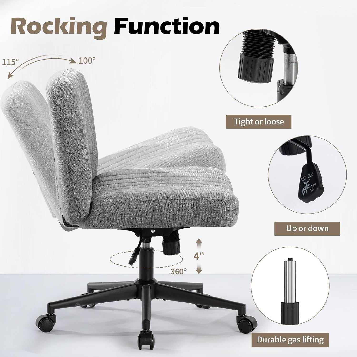 Linen Wide Seat Home Office Chair with Swinging Backrest