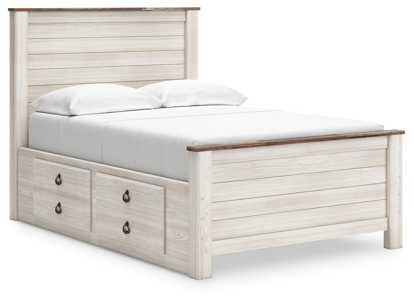 Beige panel bed with two drawers on the front, slatted headboard, white pillow and bedding
