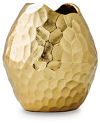 Gold hammered metal vase with textured facets and dark inner opening