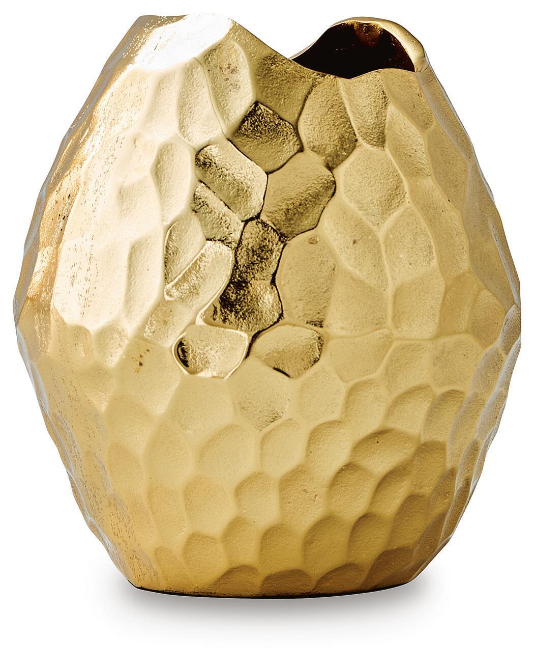 Gold hammered metal vase with textured facets and dark inner opening