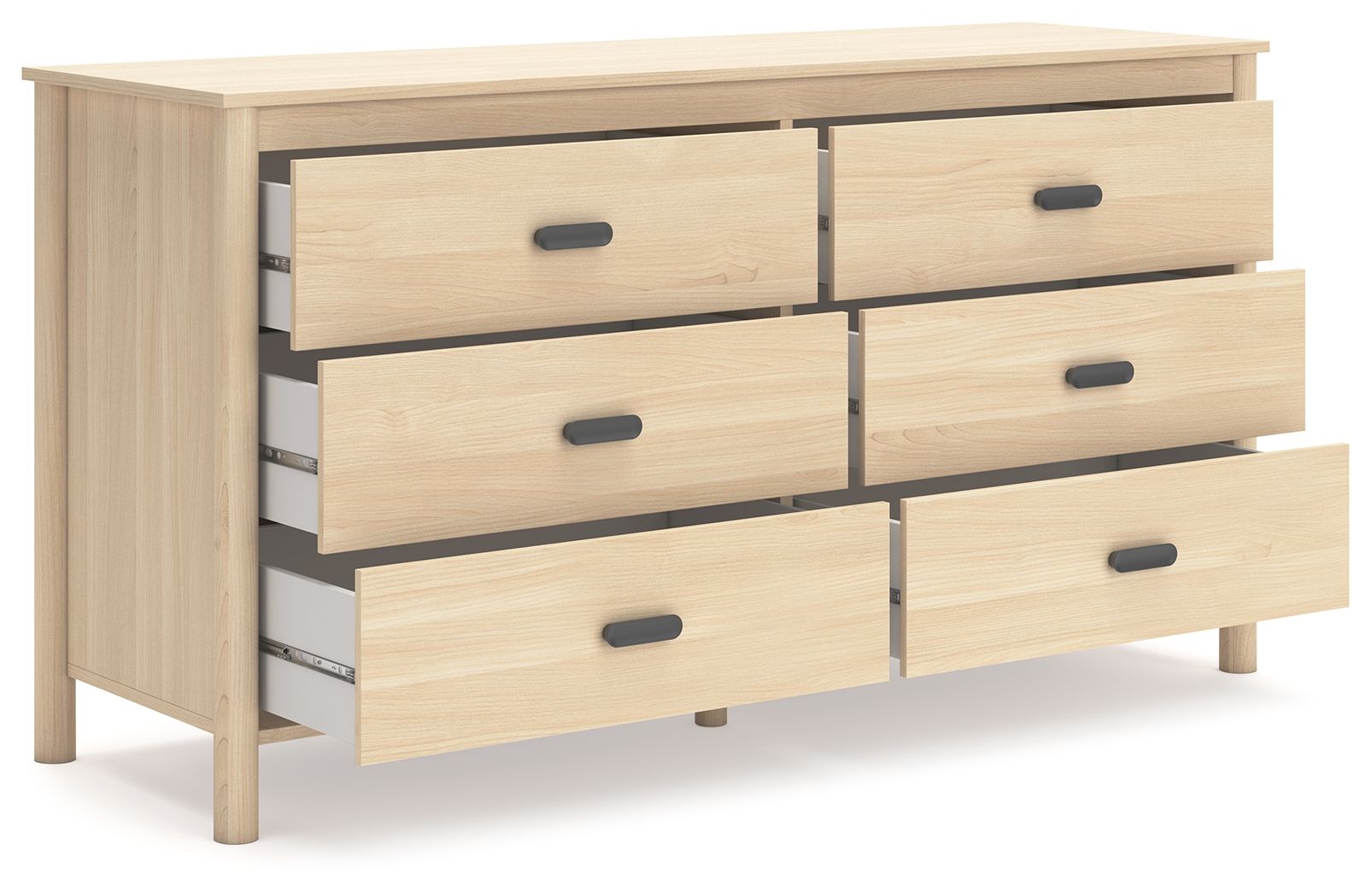 Light beige wood dresser with multiple drawers and black knobs, side view