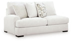 Chalk fabric left-arm loveseat with two square arms and patterned throw pillows
