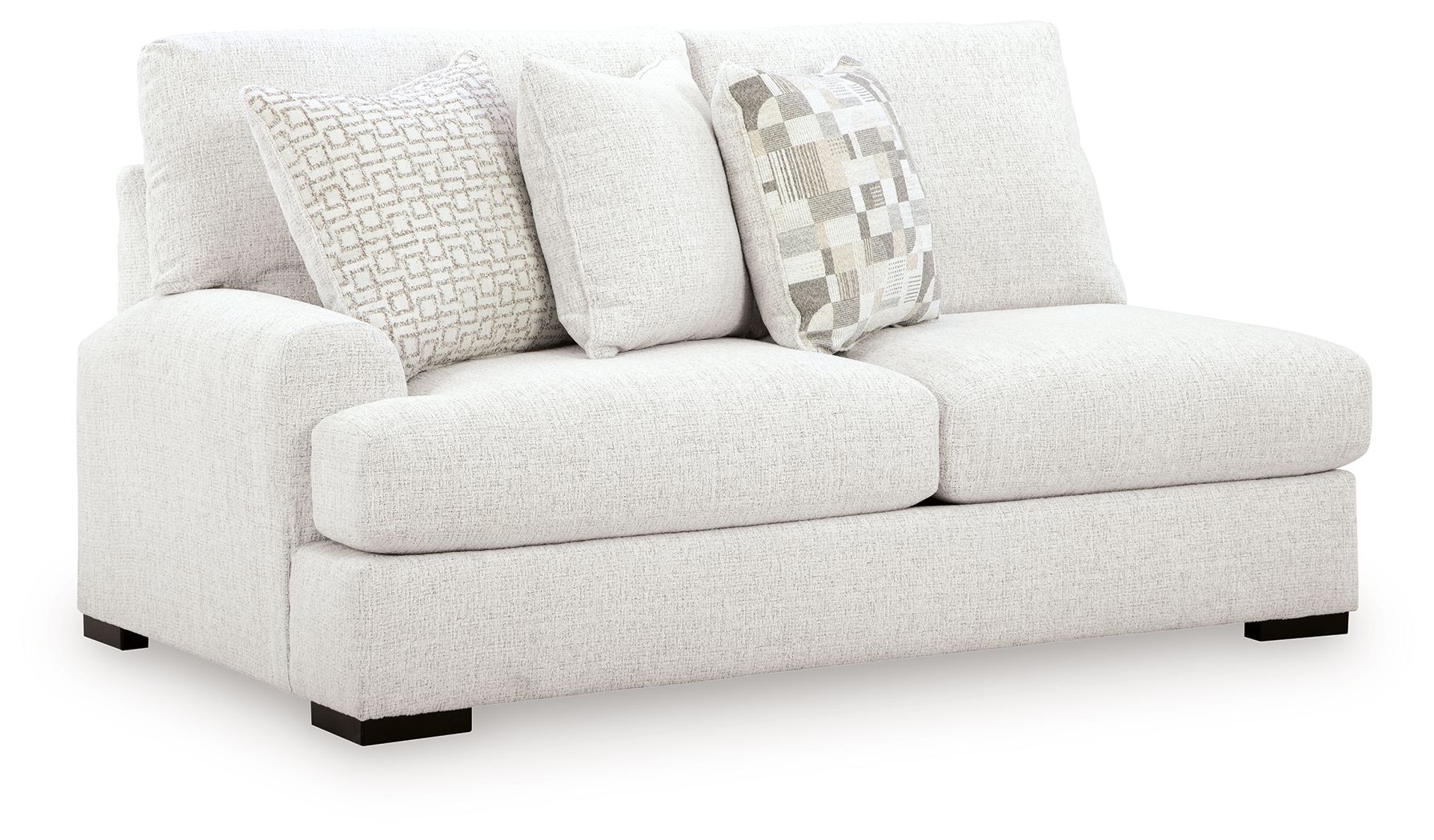 Chalk fabric left-arm loveseat with two square arms and patterned throw pillows