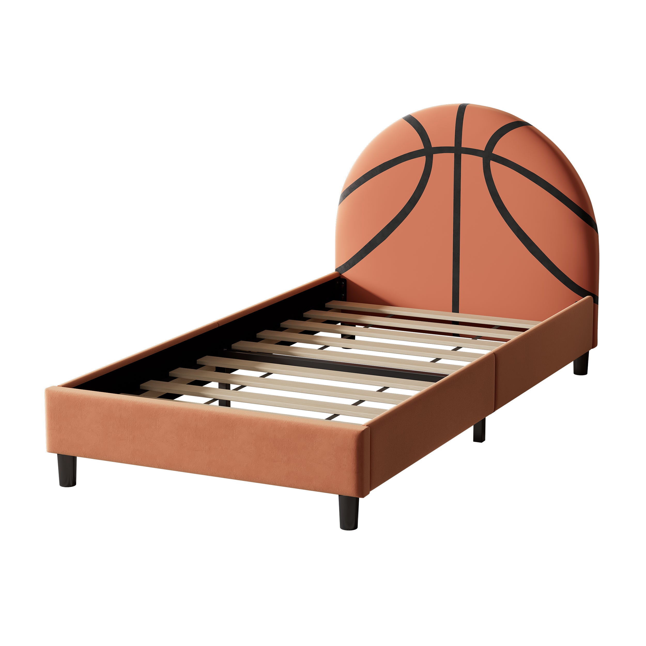 Orange Velvet Basketball Twin Platform Bed for Boys & Girls, Teens
