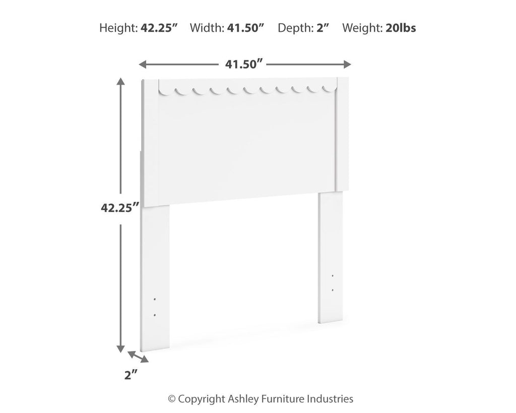 White panel headboard size diagram, scalloped top, shown with width and height