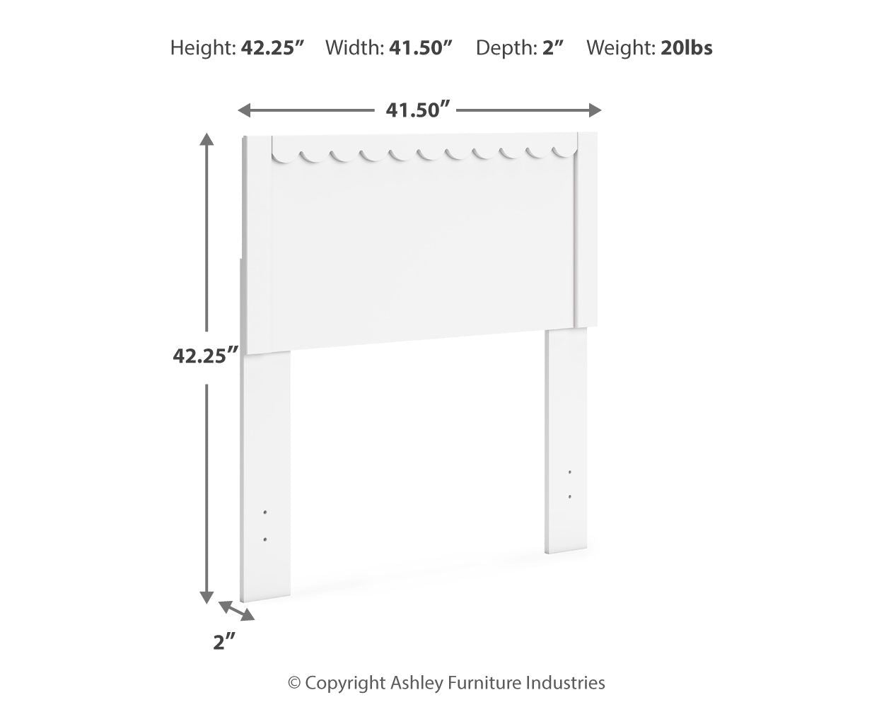 White panel headboard size diagram, scalloped top, shown with width and height
