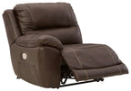 Chocolate brown leather-look power recliner with padded arms and footrest extended