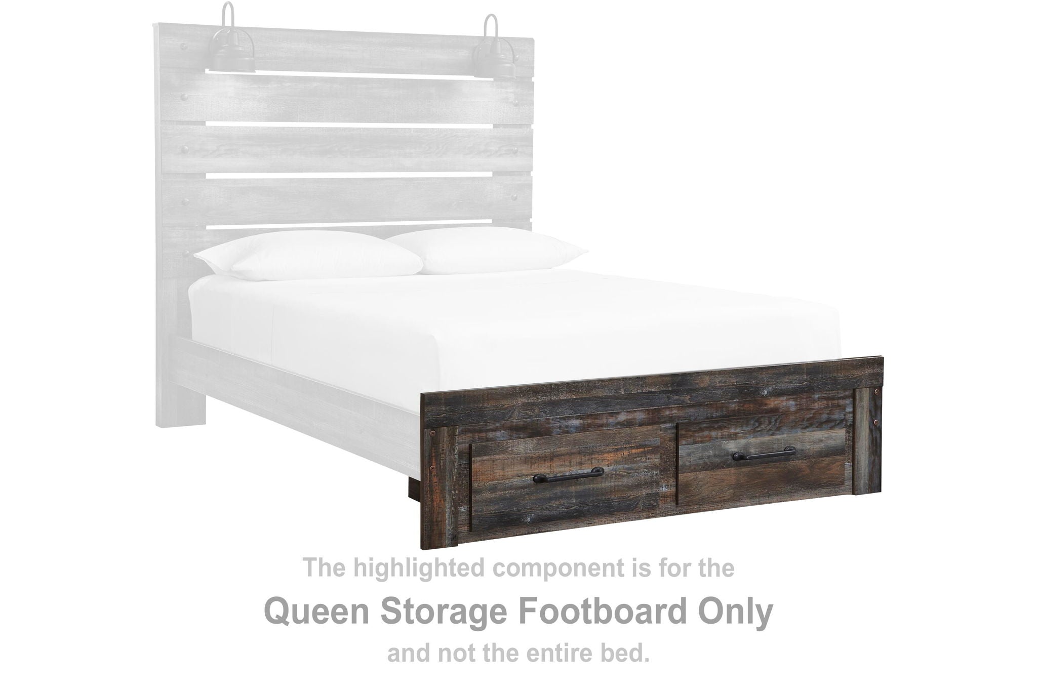 Queen storage footboard with brown wood drawer fronts