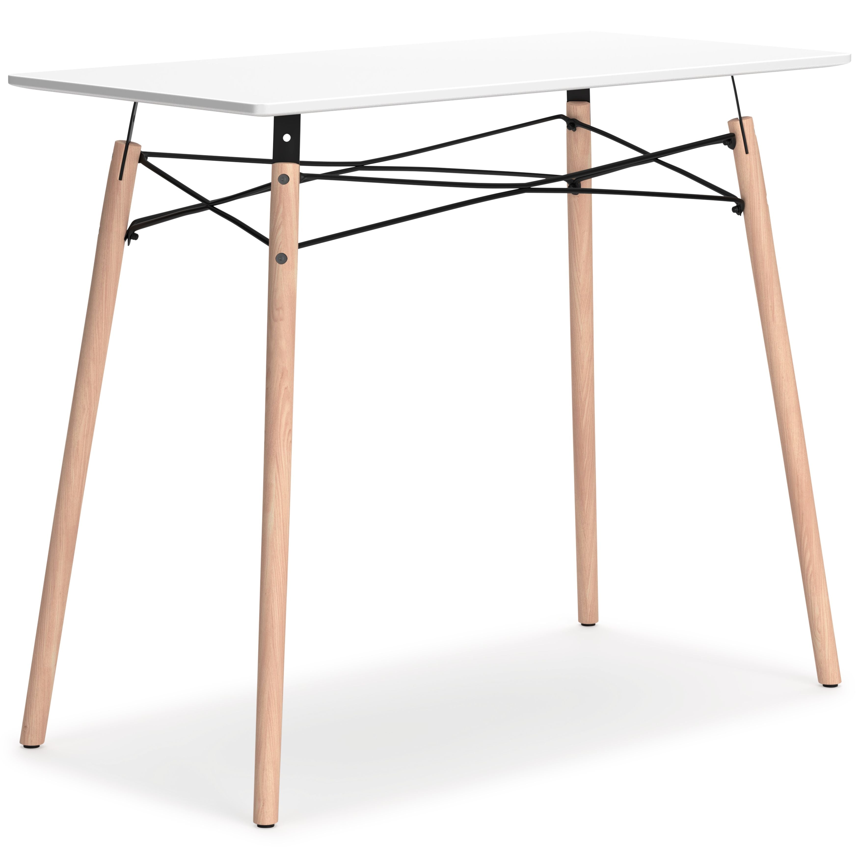 Jaspeni home office desk with white tabletop, light wood legs, and black cross-braced frame