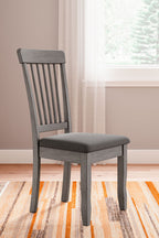 Gray upholstered dining chair with vertical slat back and square seat