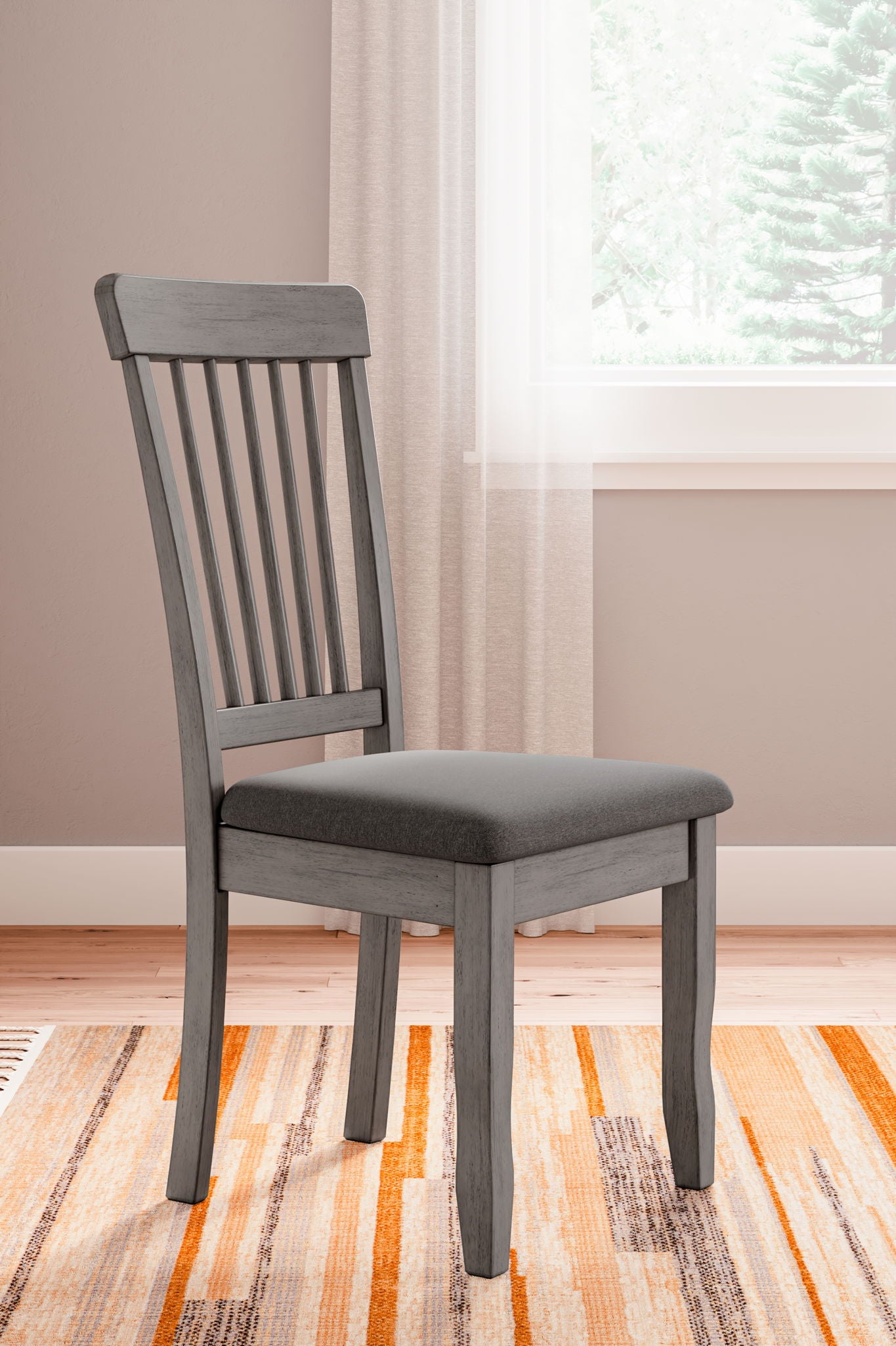 Gray upholstered dining chair with vertical slat back and square seat