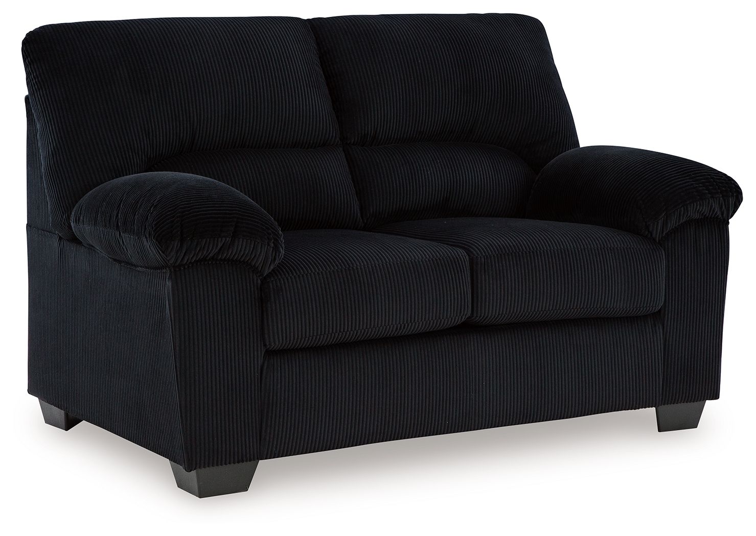 Black corduroy loveseat with rolled arms, padded seat, and squared back cushions