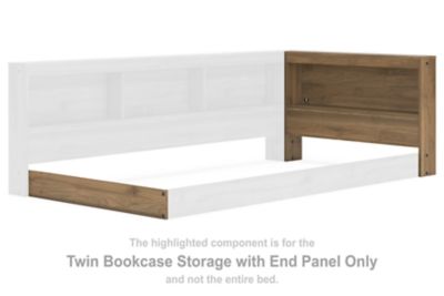 Twin bed frame with honey wood end panel and open bookcase storage
