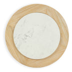 Round end table top view with light wood rim and white marble-look insert