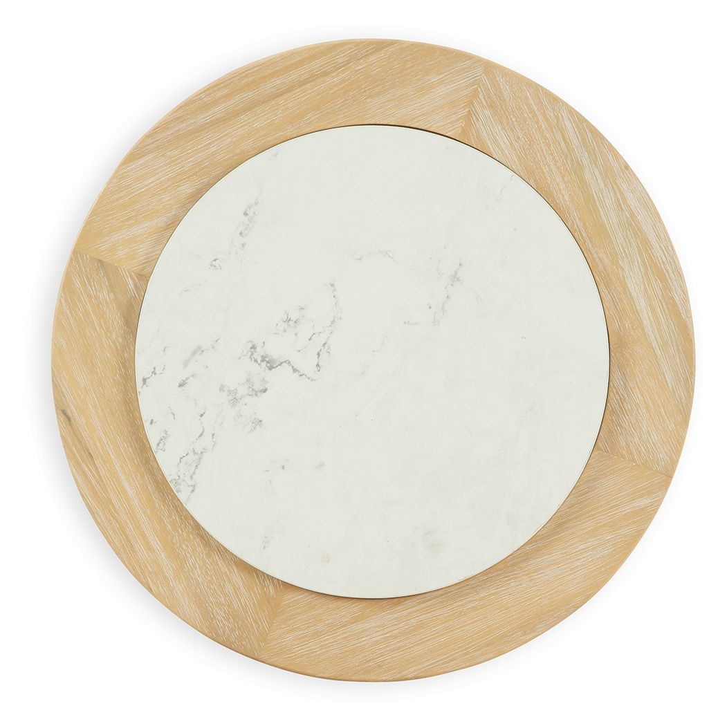 Round end table top view with light wood rim and white marble-look insert