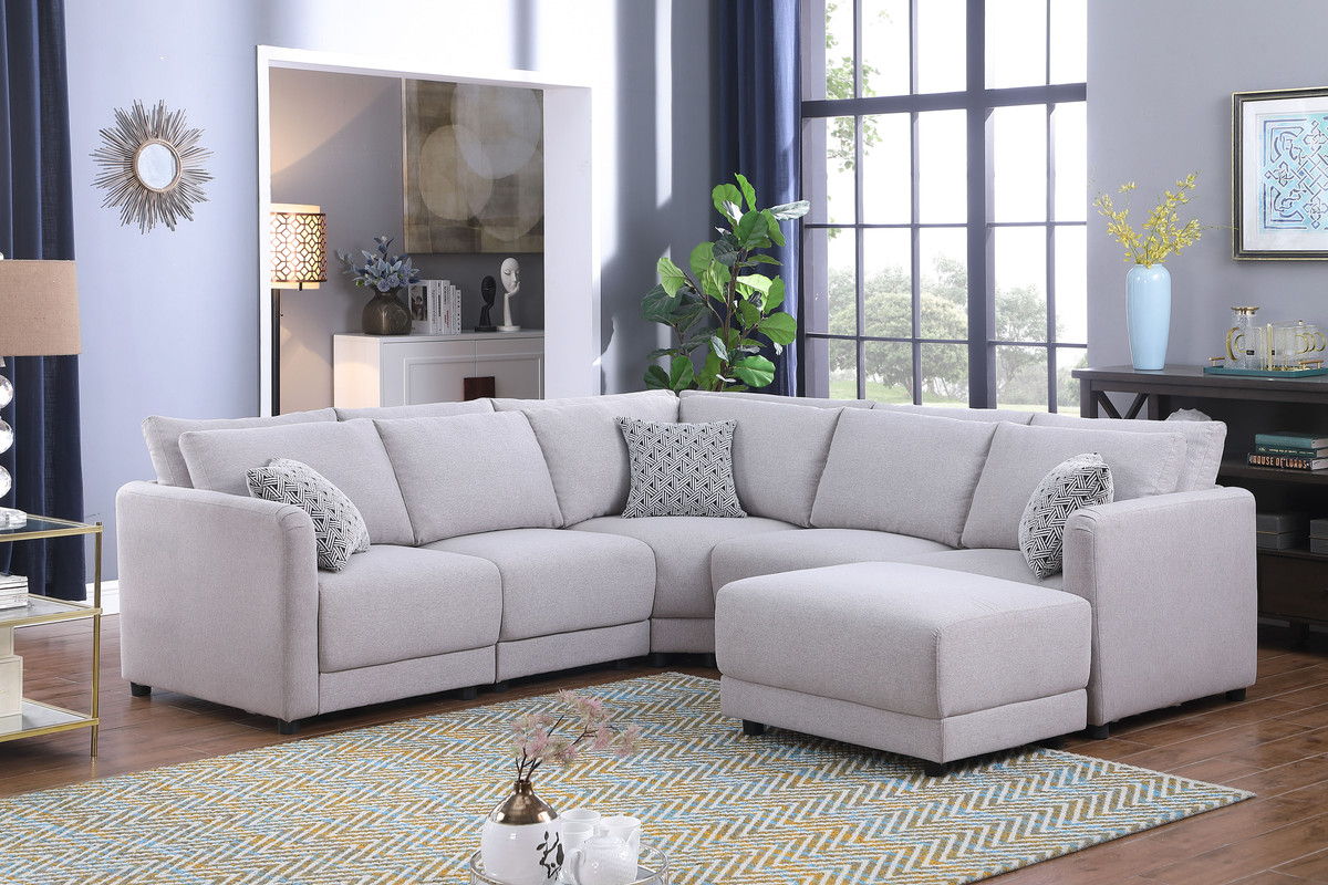 Penelope - Linen Fabric Reversible L-Shape Sectional Sofa With Ottoman And Pillows - Light Gray