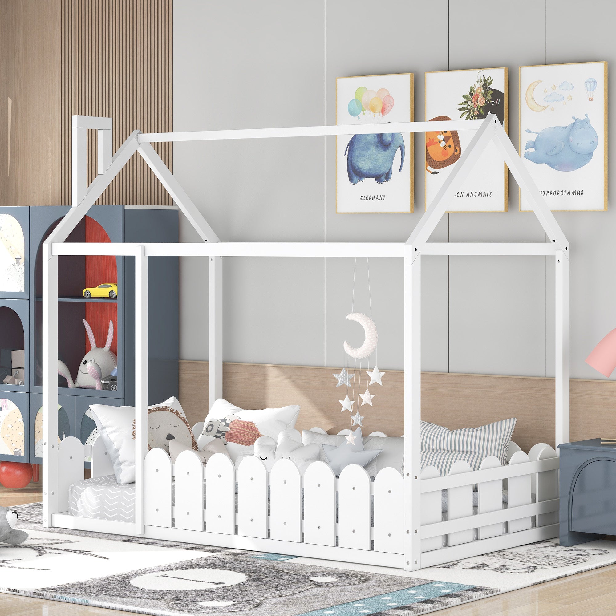White Twin Wood House Bed Frame with Fence - Kids & Teens