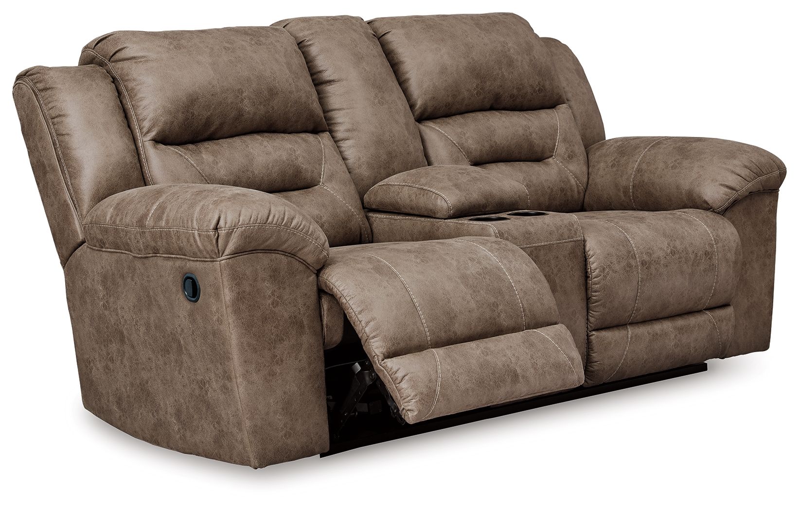 Reclining loveseat in light taupe fabric with pull-out footrest and rounded arm cushions