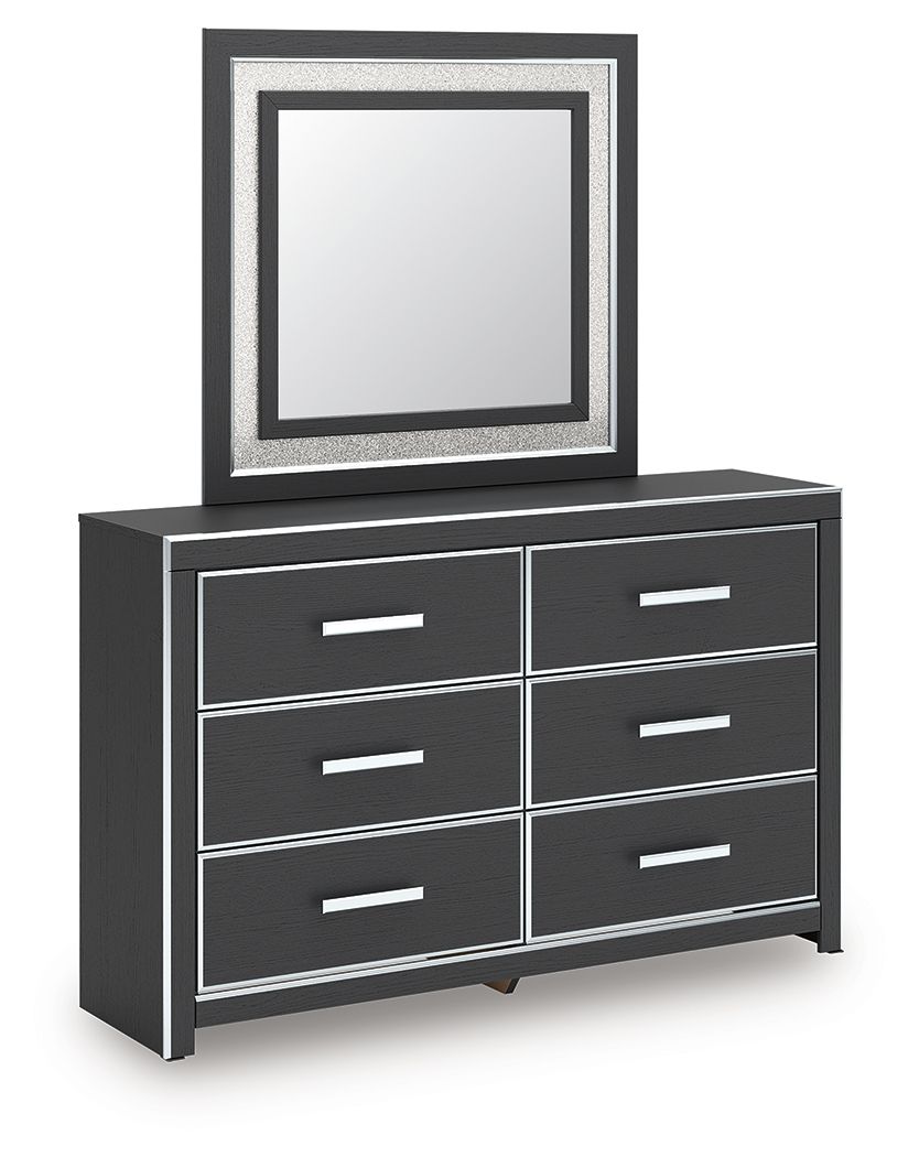 Black dresser with six drawers and square framed mirror