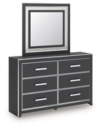 Black panel dresser with six drawers and square mirror, front view