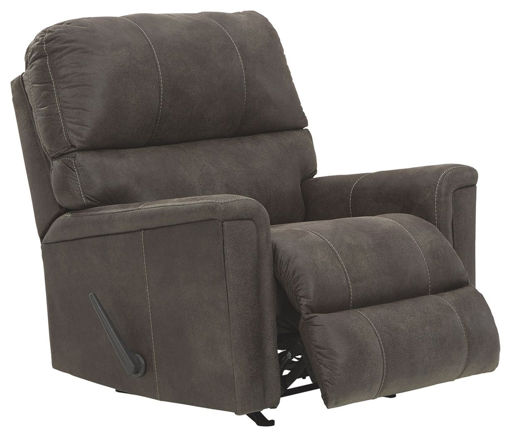 Smoke rocker recliner chair angled view with recline base and padded seat back
