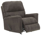 Smoke rocker recliner chair angled view with recline base and padded seat back