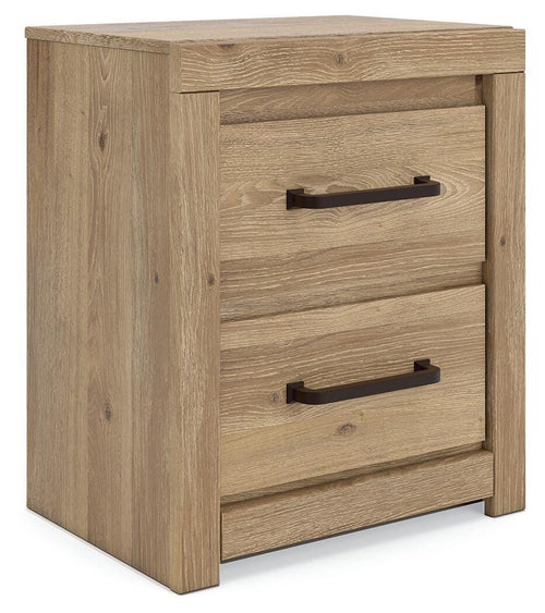 Tan wood nightstand with two drawers and dark bronze bar handles