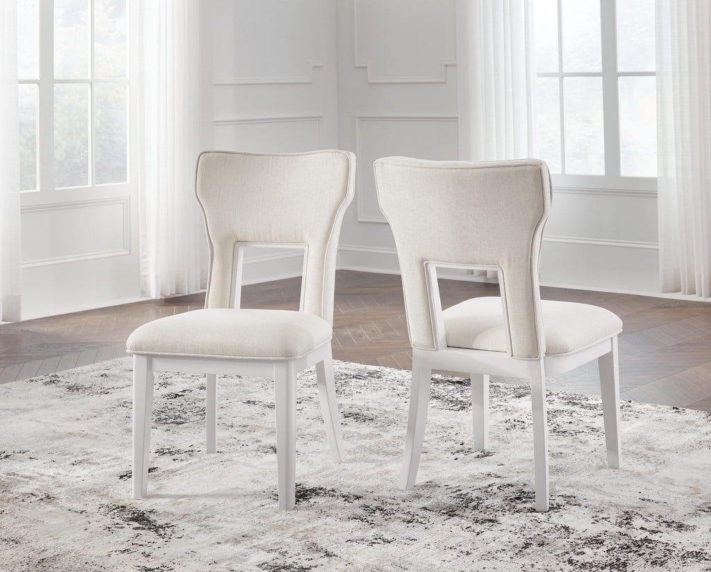 White upholstered dining side chairs with arched back, padded seat, white legs (set of 2)