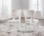 White upholstered dining side chairs with arched back, padded seat, white legs (set of 2)