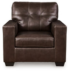 Dark brown leather accent chair front view with tufted back and arm pads