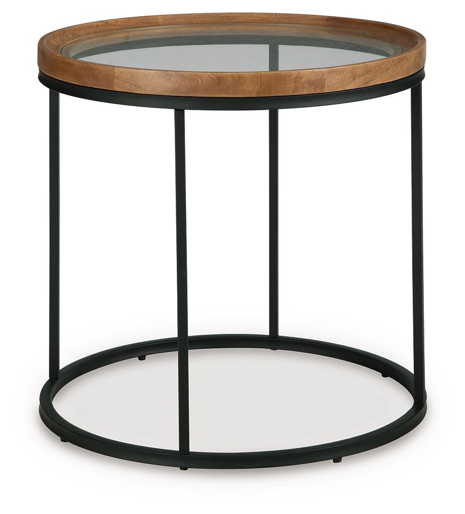 Round side table with clear glass top, light brown wood rim, black metal frame, lower shelf