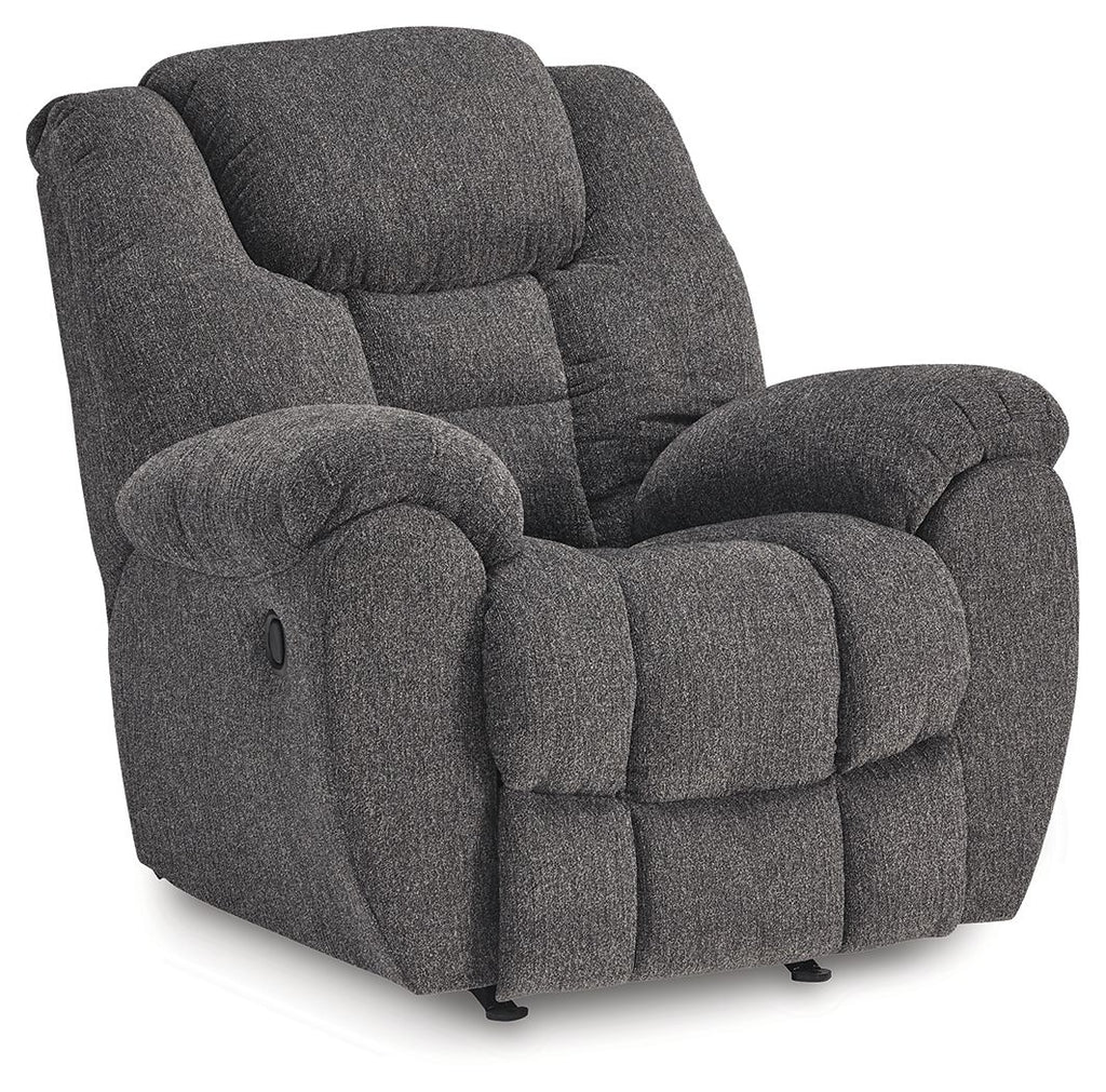 Charcoal fabric recliner chair with thick armrests, cushioned back, and rounded headrest
