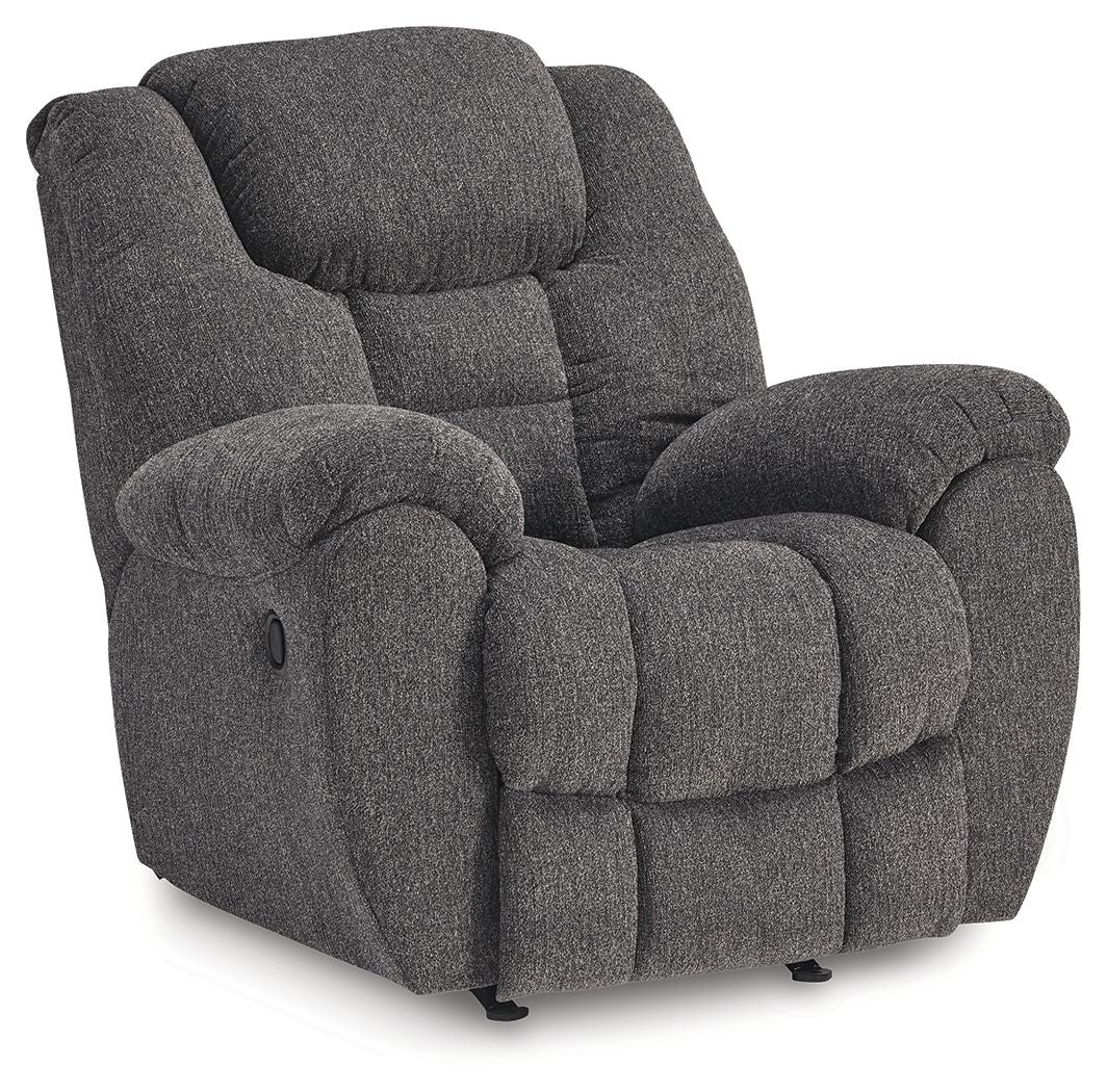 Charcoal fabric recliner chair with thick armrests, cushioned back, and rounded headrest