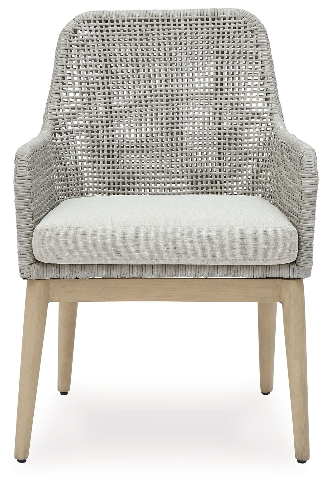 Gray woven armchair with white seat cushion and wide backrest