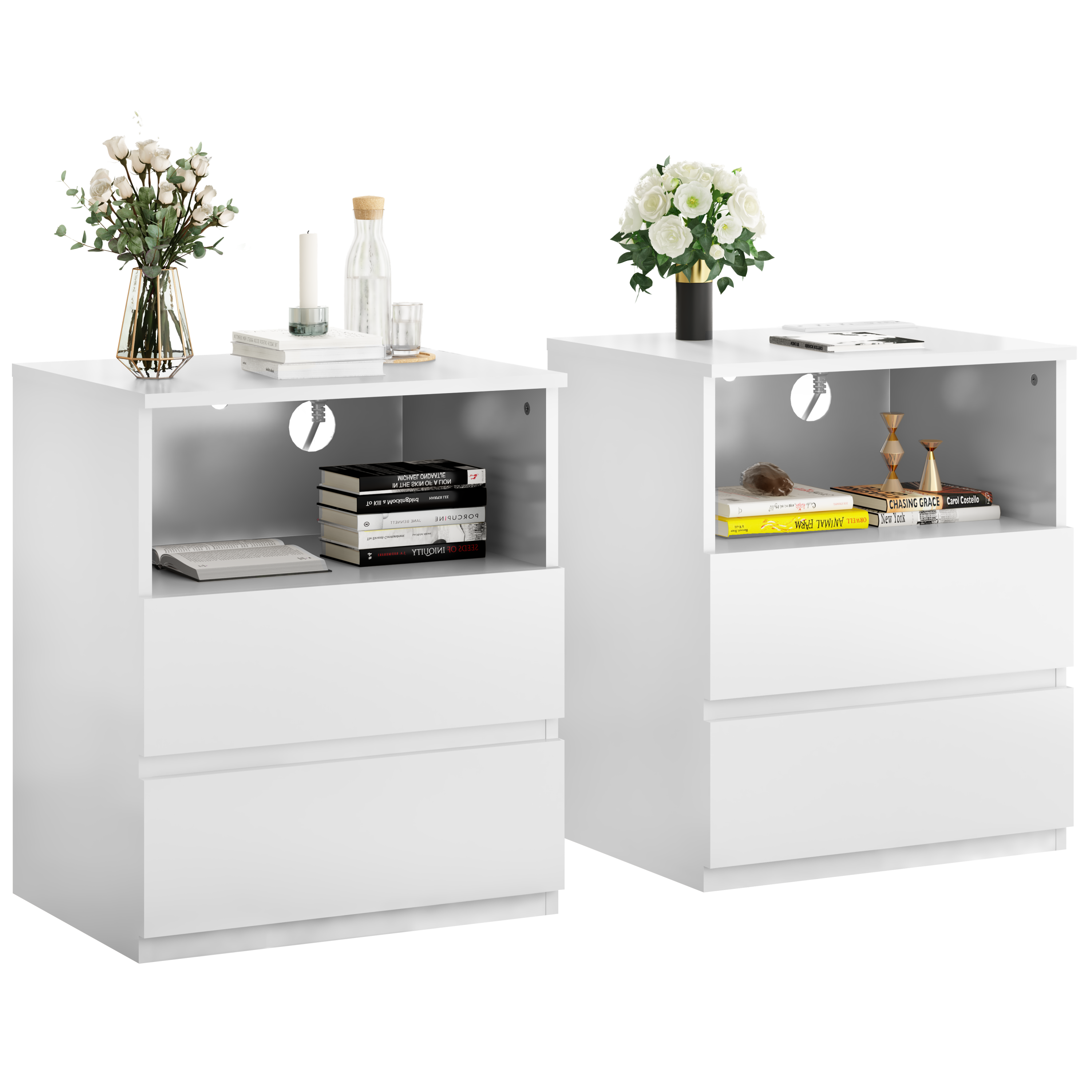 USB C Charging End Table with 2 Drawers, Modern Storage, White