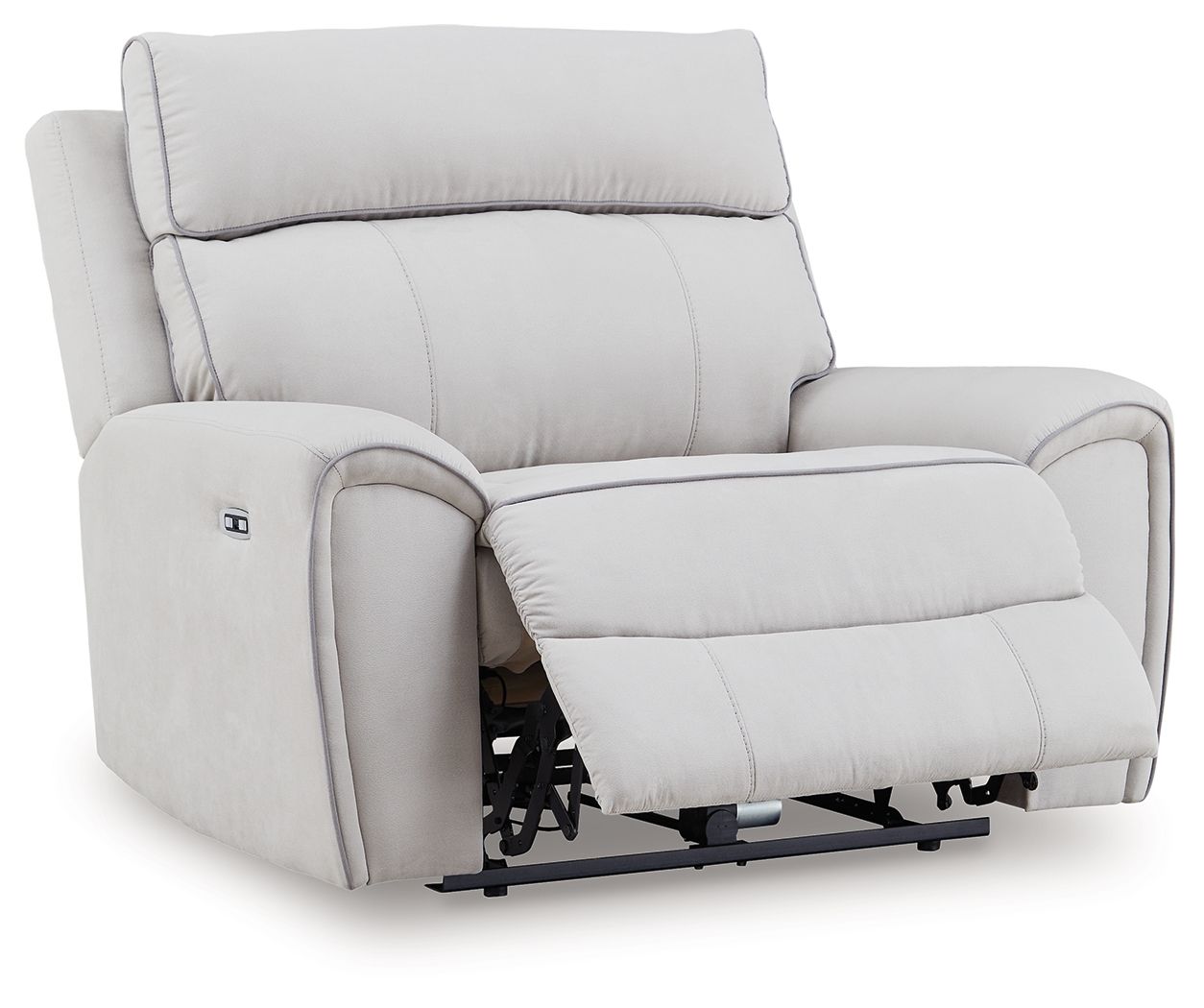 Light gray power recliner chair with footrest extended and visible recline mechanism