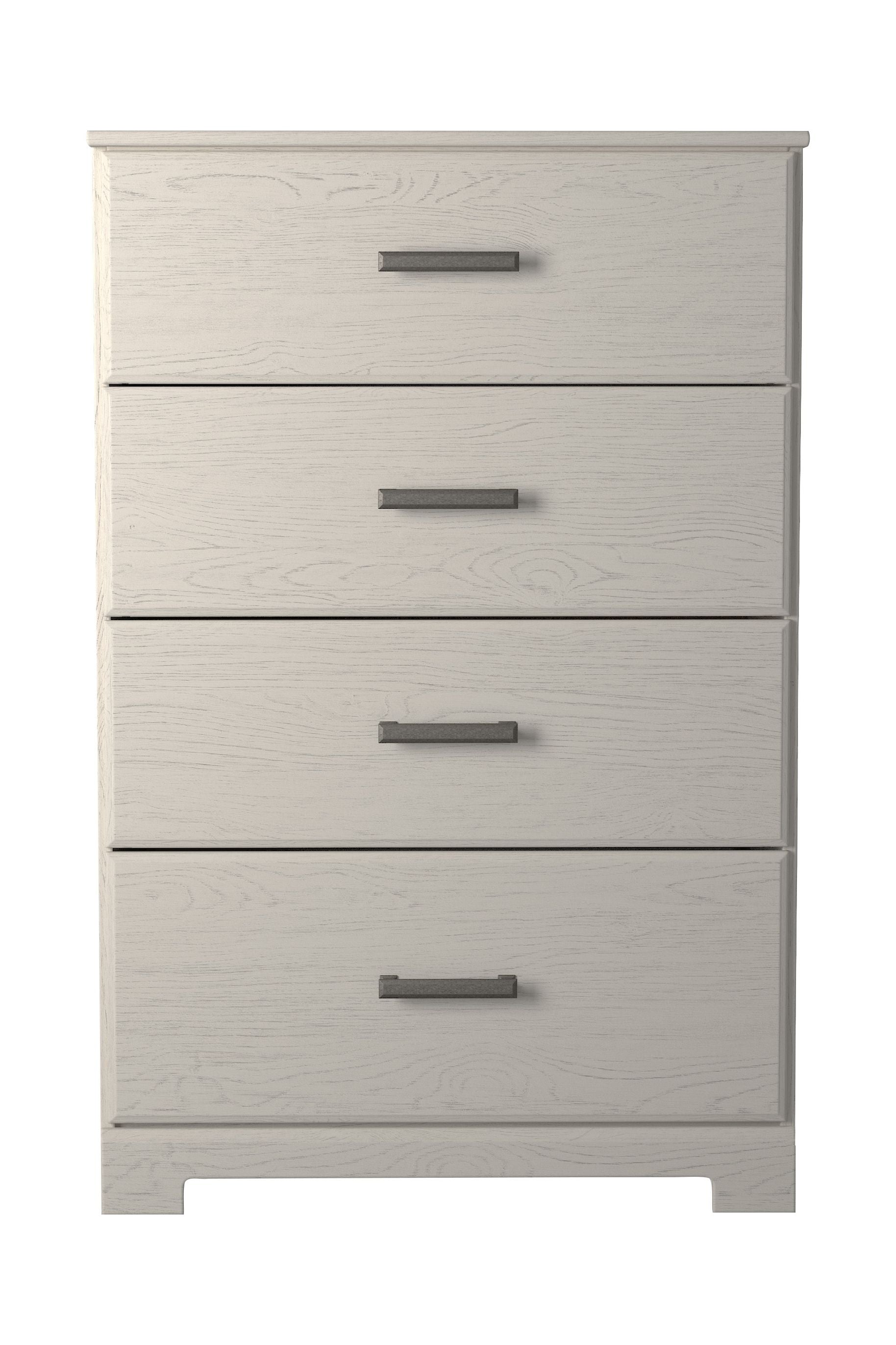 White four-drawer chest with four gray bar handles and simple feet