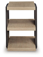 Rectangular end table with light brown shelves and black frame with side rails