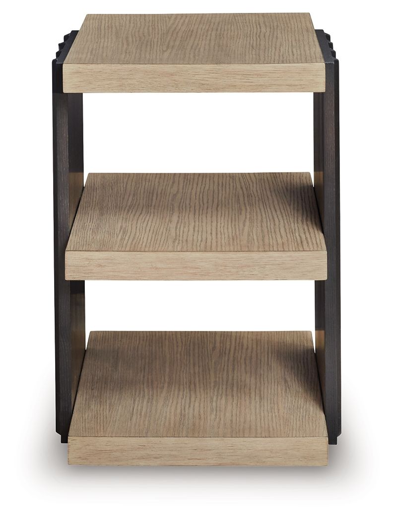 Rectangular end table with light brown shelves and black frame with side rails