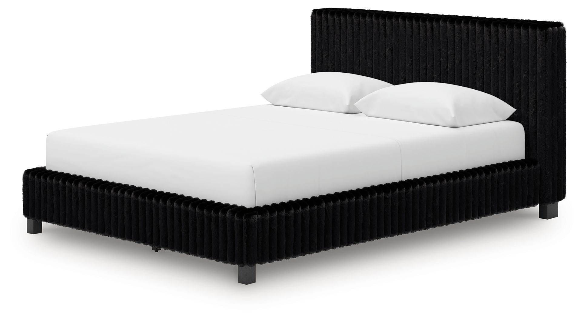 Black upholstered platform bed with tall headboard and two white pillows.
