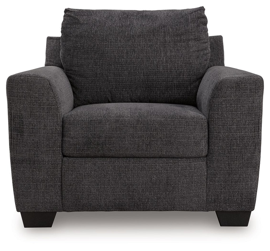 Loreo chair in dark gray textured fabric with thick backrest and arm padding