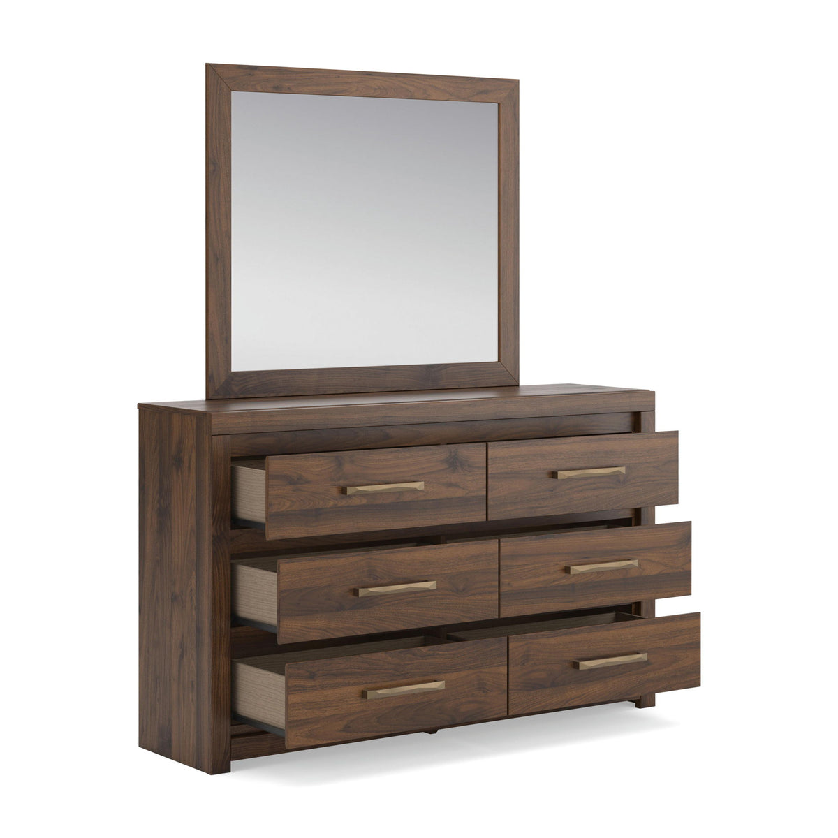 Light brown dresser with attached mirror and three drawer pairs with bar handles.