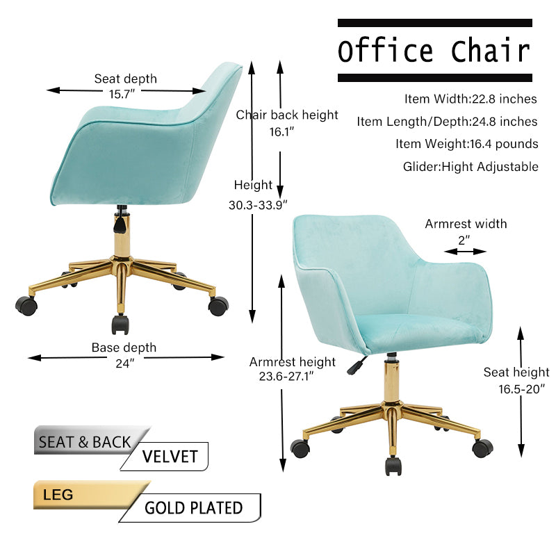 Velvet Adjustable Home Office Chair with Gold Metal Legs