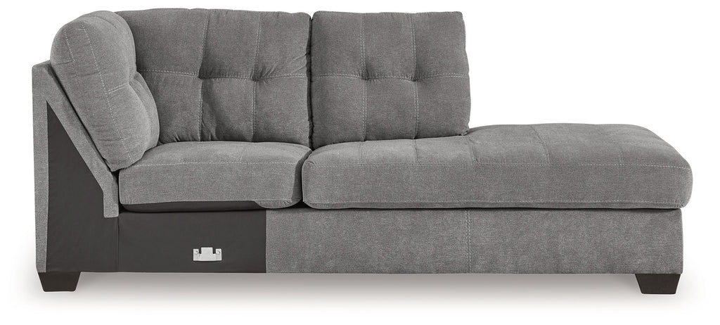 Gray fabric corner chaise with padded backrest and wide seat cushions