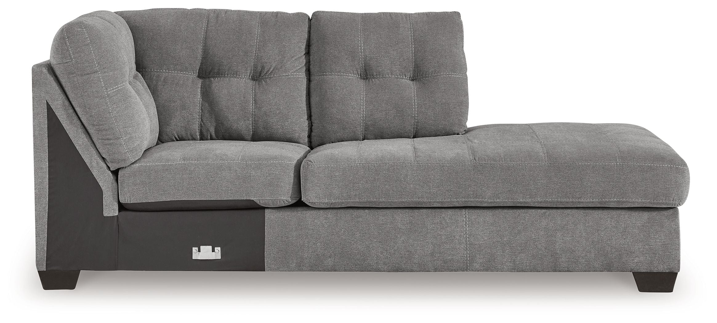 Gray fabric corner chaise with padded backrest and wide seat cushions