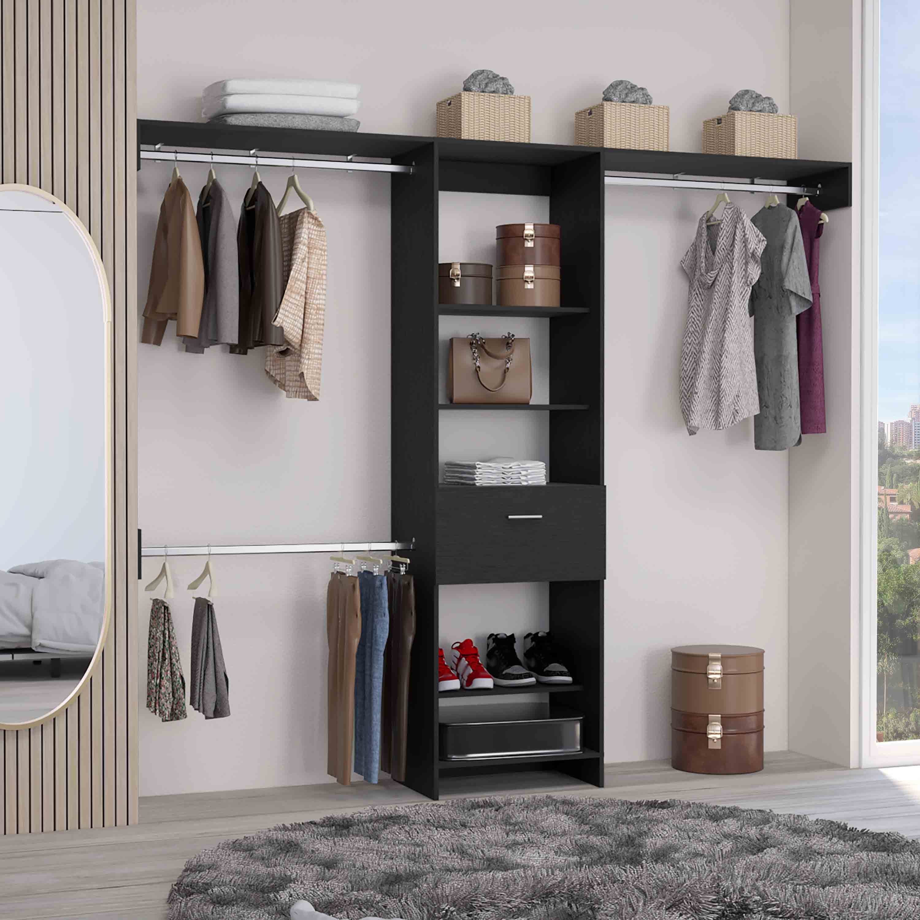 Black Closet Organizer: 1 Drawer, 3 Rods, 5 Shelves
