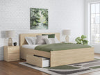 Light brown panel platform bed with slatted base and side storage drawers